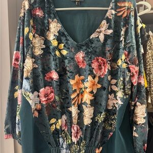 Floral Velvet Blouse with V-Neck